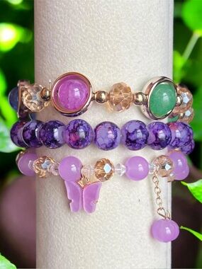 Purple Butterfly Charm Beaded 3 Pieces Stretch Bracelet Set